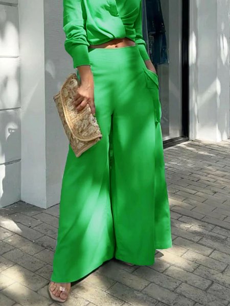 

Plain High Waist Regular Fit Simple Fashion Pants, Green, Wide Leg Pants