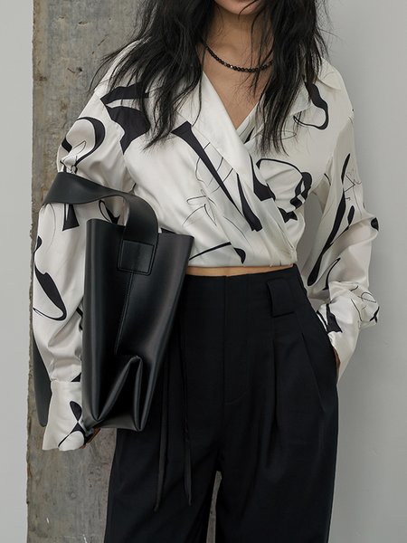 

Long sleeve Shawl Collar Simple Blouse, White, Blouses and Shirts