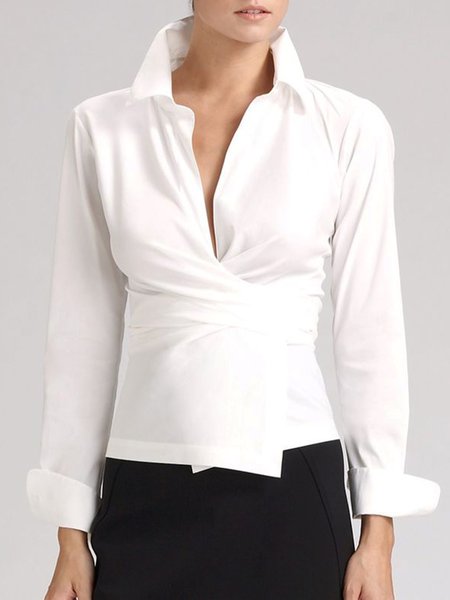 Women Plain Autumn Elegant Polyester Micro-Elasticity Cross Regular Regular Shirt Collar Blouse, White, Blouses and Shirts