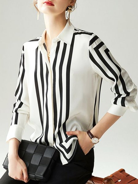 

Daily Work Shirt Collar Long sleeve Striped Blouse, Stripe, Blouses and Shirts