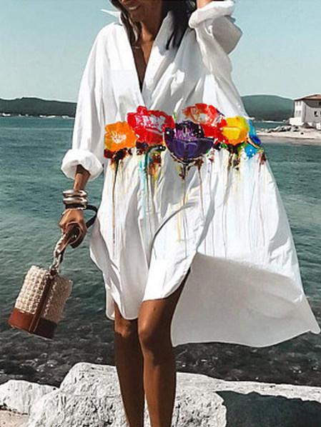 

Loose Floral V Neck Dresses, White, Dresses