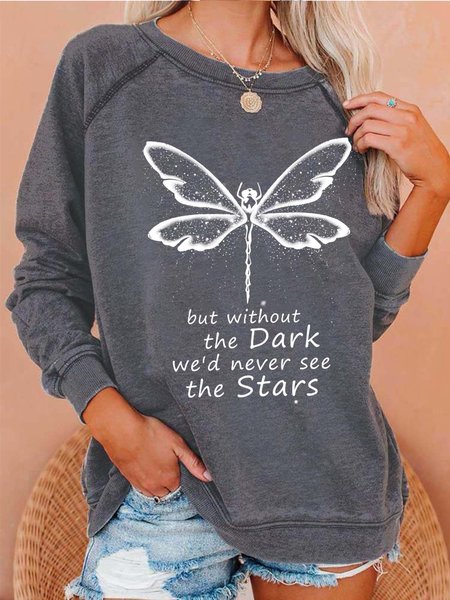 

Women Dragonfly Text Letters Crew Neck Cotton Sweatshirts, Gray, Hoodies&Sweatshirts