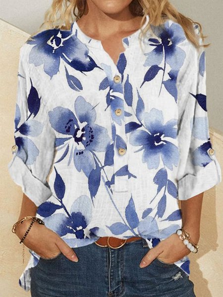 

Casual V Neck Casual Floral Tops, Blue, Shirts & Blouses