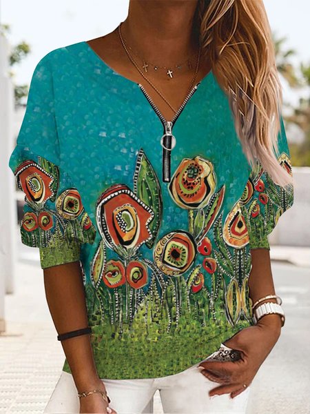 

Vintage Abstract rose flower zipper loose top sweater plus size, Green, Sweatshirts & Hoodies