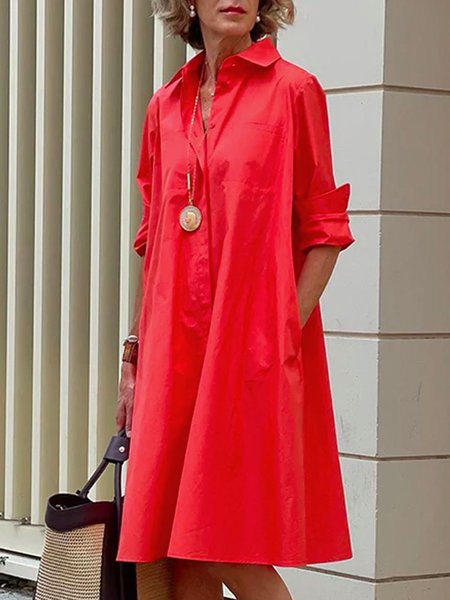 

Shirt Dress Long sleeve Plain Simple Dress, Red, Midi Dresses