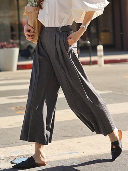 

Elegant Plain Pleated Fashion Straight Pants, Gray, Wide Leg Pants