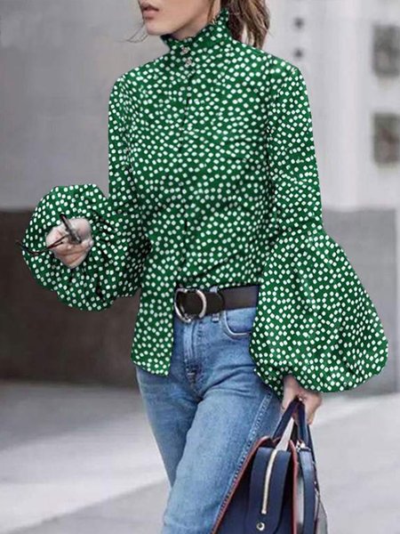 

Stand Collar Elegant Lantern Sleeve Polka Dots Blouse, Green, Blouses and Shirts