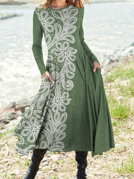

Cotton-Blend Floral Crew Neck Dress, Green, Midi Dresses
