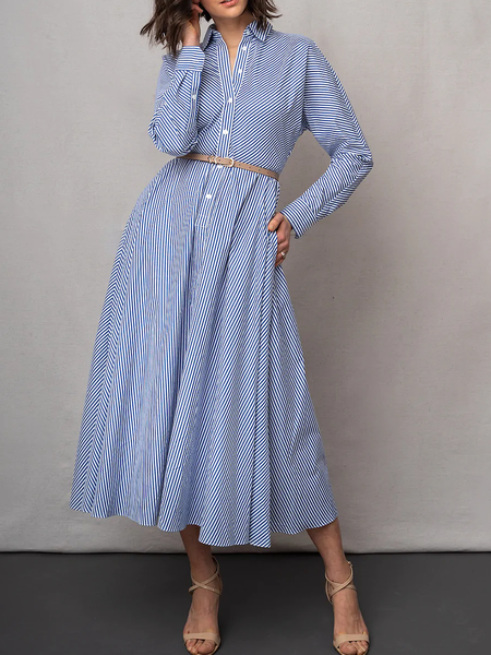 

Autumn Commuting X-Line Long sleeve Loose Shirt Collar Dresses, Stripe-blue, Maxi Dresses