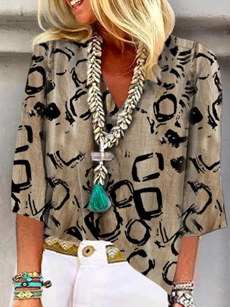 

V Neck Loose Casual Tops, Khaki, Shirts & Blouses