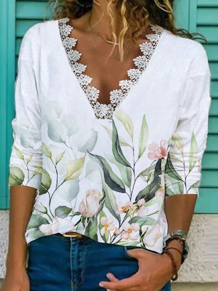 

Autumn Floral Design Lace-paneled Knitted Long-sleeve Top, White, Shirts & Blouses