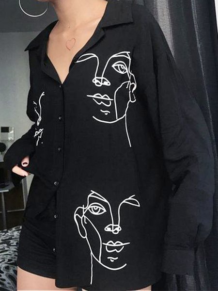 

Shirt Collar Simple Loose Long Sleeve Blouse, Black, Blouses and Shirts