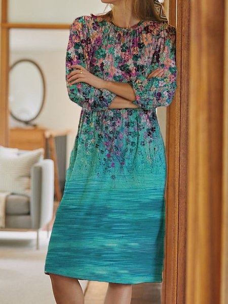 

Casual Floral Loose Dress, Blue, Mini Dresses