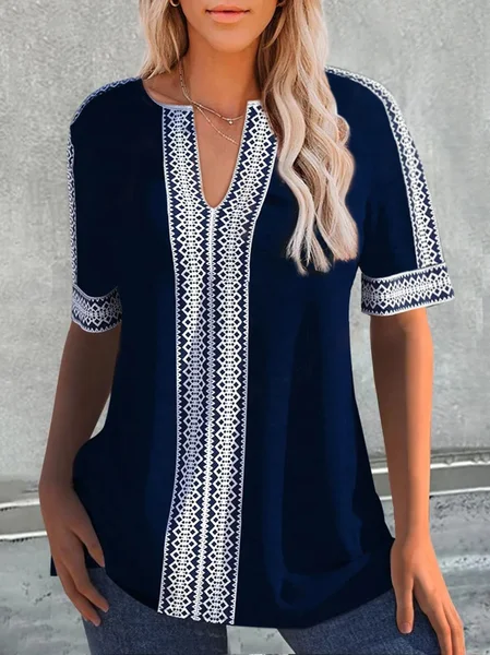 

JFN V Neck Ethnic Floral Design Casual Short Sleeve Loose Tunic Top, Blue, Shirts & Blouses