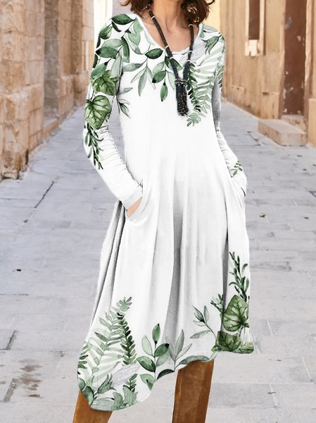 

Crew Neck Casual Regular Fit Dresses, White, Midi Dresses