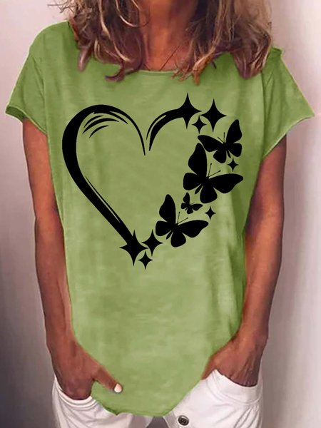

Womens Sparkly Heart Butterfly Print Casual T-Shirt, Green, T-shirts