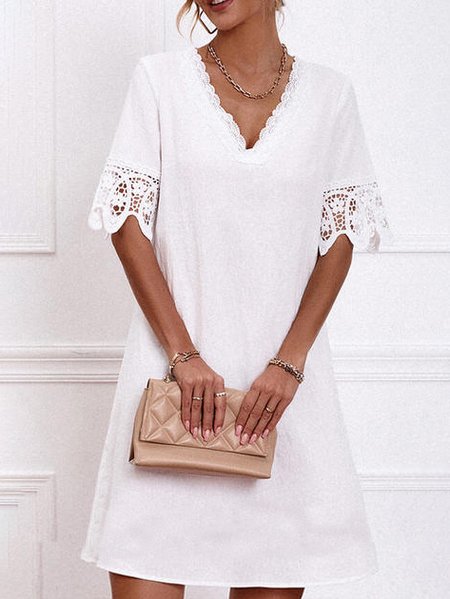 

Elegant Plain Lace Panel Loose Dresses, White, Dresses