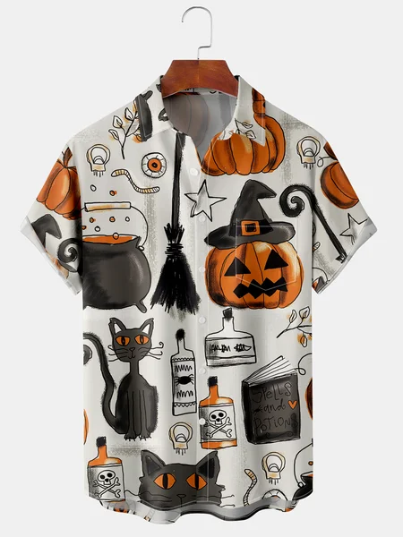 

Men's Halloween Print Casual Breathable Hawaiian Short Sleeve Shirt, White-gray, Men's Floral shirt