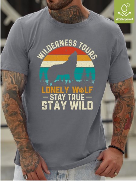 

Lonely Wolf Stay True Stay Wild Waterproof Oilproof And Stainproof Fabric Men's Casual T-shirt, Light gray, T-shirts