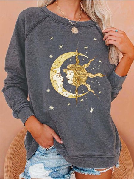 

Women Star Moon Printing Casual Sun Crew Neck Sweatshirt, Gray, Hoodies&Sweatshirts