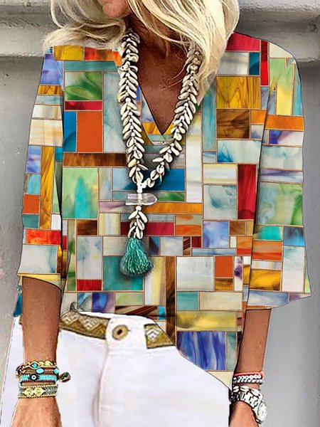 

V Neck Three Quarter Sleeve Geometric Lightweight Micro-Elasticity Loose Shirt For Women, Multicolor, Shirts