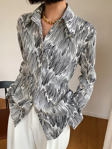 

Daily Black Long sleeve Shirt Collar Abstract Blouse, Blouses and Shirts