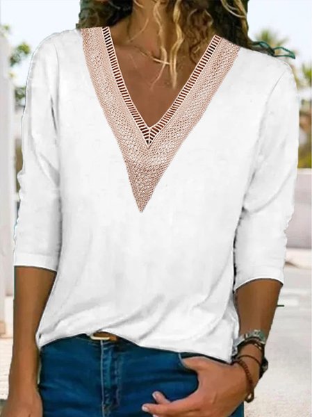 

Casual V Neck Lace Top, White, Shirts & Blouses