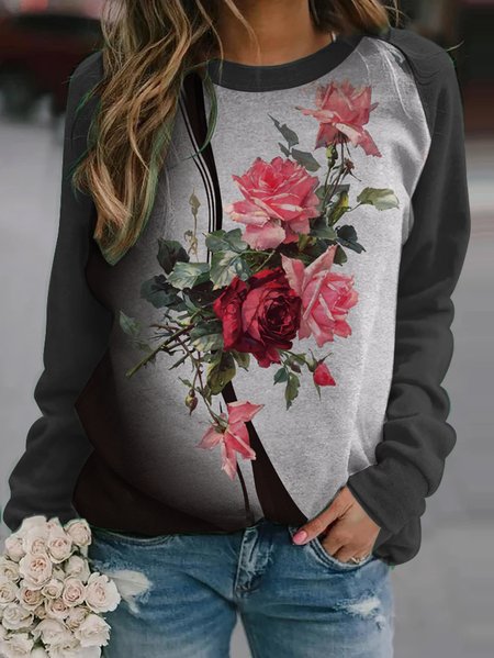 

Casual Floral Design Crew Neck Knit Sweatshirt, Black, Sweatshirts & Hoodies