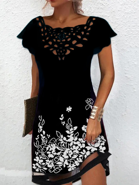 

Floral Elegant Crew Neck Regular Fit Dresses, Black, Dresses