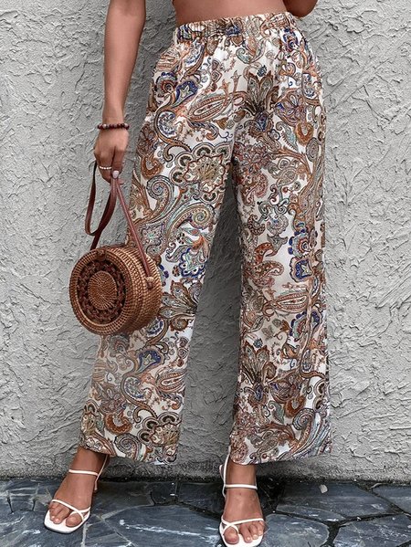 

Casual Paisley Ethnic Design Elastic Waist Knit Pants, Brown, Pants