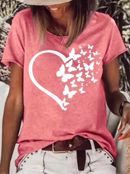 

Womens Butterfly Heart print Casual T-Shirt, Red, T-shirts