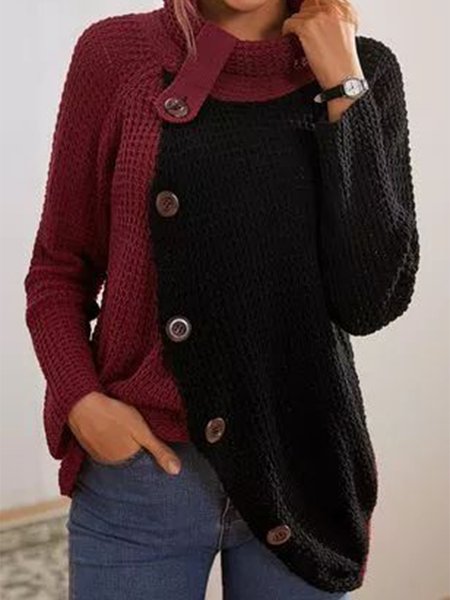 

Color Block Acrylic Casual Buttoned Sweater, Black-red, Sweaters