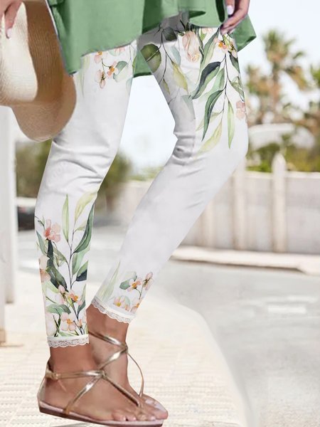 

Holiday leaves flowers elastic waist Lace Leggings plus size, White, Leggings