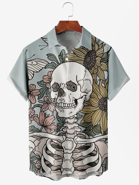 

Men's Halloween Floral Print Moisture Wicking Fabric Fashion Lapel Short Sleeve Shirts, Blue, Men's Floral shirt