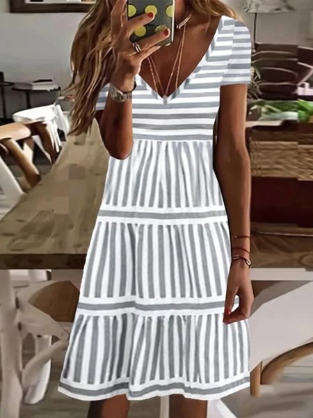 V Neck Striped Casual Short Sleeve A Line Dress