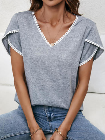 

Simple Split Sleeves V Neck Lace T-Shirt, Gray, T-Shirts