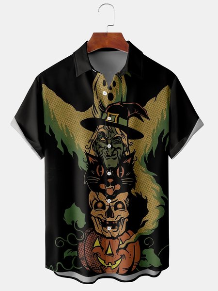 

Men's Halloween Print Casual Short Sleeve Shirt, Black, Short Sleeve Shirts
