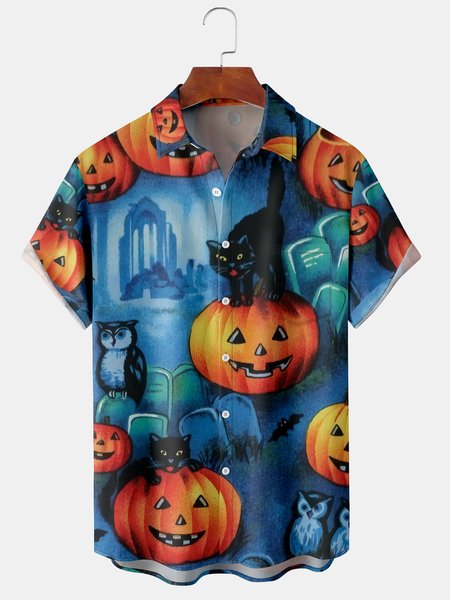 

Men's Halloween Print Casual Short Sleeve Shirt with Chest Pocket, Blue, Short Sleeve Shirts