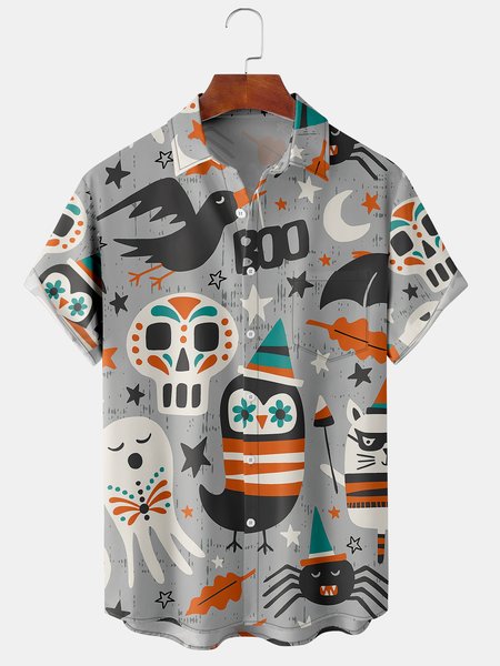 

Men's Halloween Cat and Owl Print Casual Breathable Hawaiian Short Sleeve Shirt, Gray, Short Sleeve Shirts