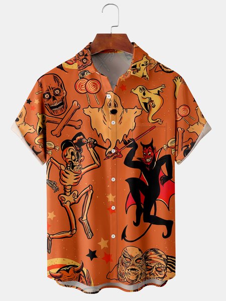 

Men's Halloween Print Short Sleeve Hawaiian Shirt with Chest Pocket, Orange, Short Sleeve Shirts