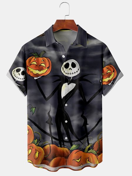 

Men's Halloween Print Casual Short Sleeve Shirt with Chest Pocket, Black-grey, Short Sleeve Shirts