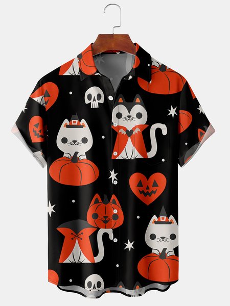

Men's Halloween Cat and Pumpkin Print Casual Breathable Hawaiian Short Sleeve Shirt, Black, Short Sleeve Shirts
