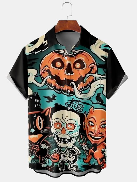 

Men's Halloween Print Casual Short Sleeve Shirt, Black, Short Sleeve Shirts