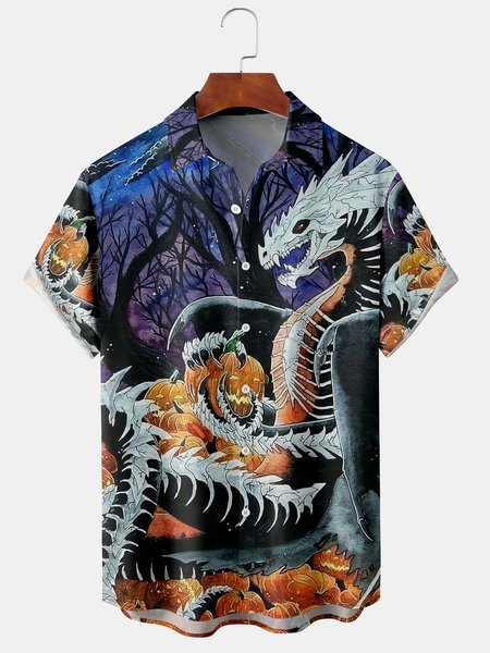

Men's Halloween Print Casual Short Sleeve Shirt with Chest Pocket, Purple, Short Sleeve Shirts