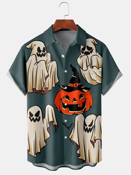 

Men's Halloween Ghost Print Casual Breathable Hawaiian Short Sleeve Shirt, Green, Short Sleeve Shirts