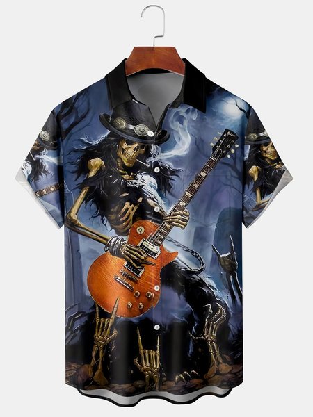 

Mens Halloween Print Short Sleeve Shirt Hawaiian With Chest Pocket, Black, Short Sleeve Shirts