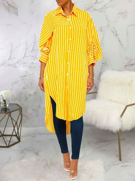 

Daily Long sleeve Shirt Collar Loose Urban Dress, Yellow, Midi Dresses