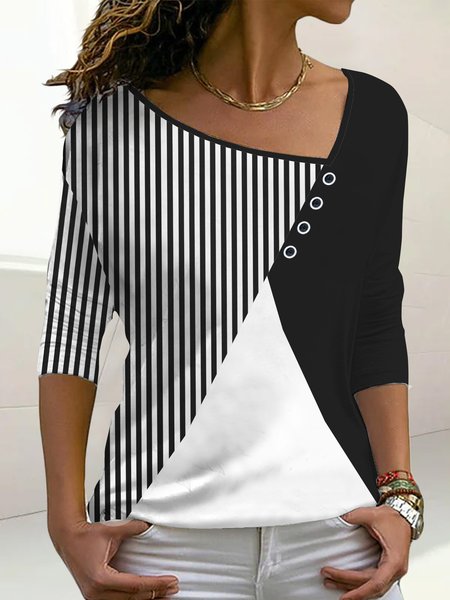 

Plain color block stripe loose button top T-shirt plus size, Black-white, Tops