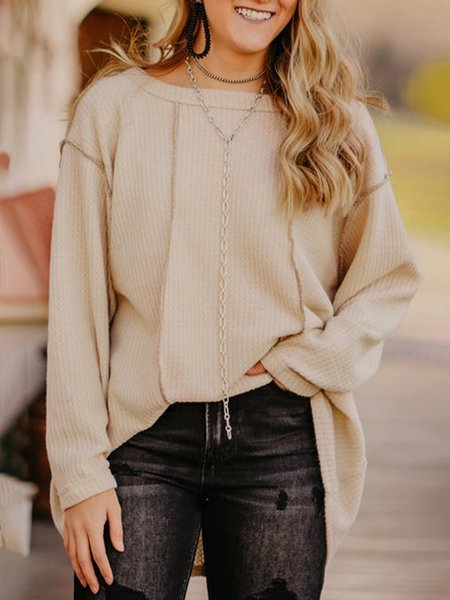 

Casual Plain Textured Fabric Loose Long Sleeve Top, Khaki, Tops