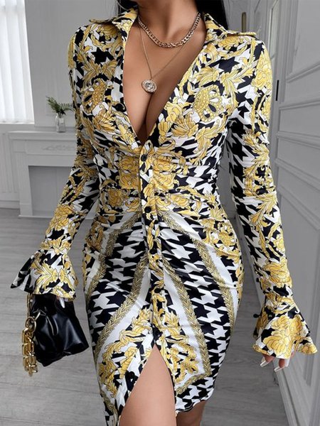 

Long sleeve Regular Fit Elegant Houndstooth Dress, Yellow, Mini Dresses